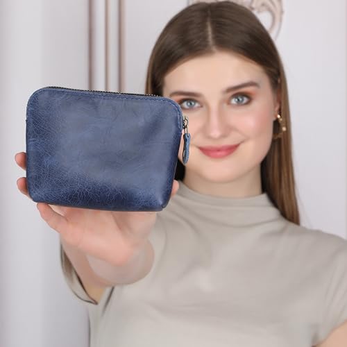 Full Grain Leather Cosmetic Bag – Zippered Makeup Pouch for Women, Small Travel Toiletry & Organizer Pouch for Purse, Premium Handmade Leather (5 × 4 × 2.5 in) - color: Blue