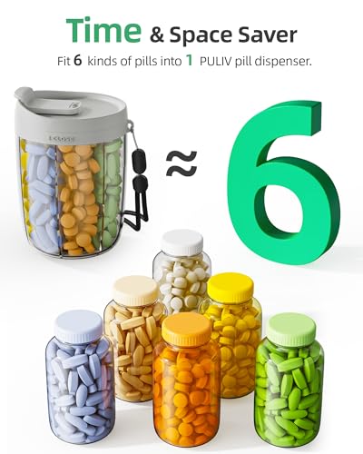 PULIV Large Supplement Organizer Bottle, Holds Plenty of 6 Various Vitamins in 1 Pill Dispenser with Anti-Mixing & Wide Openings Design, Easy to Retrieve Meds, Includes 20 Pcs Stick-on Labels Gray - color: Gray
