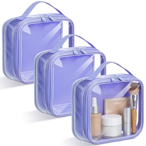 Abbylike 3 Pcs Small Toiletry Bags Reusable Quart Size Travel Liquid Pouch Single-sided Clear PVC Carry-on Organizer with Handle Cosmetic Bags for Airport Security Women Men(Purple) - color: Purple