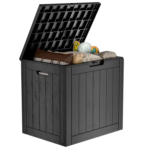 33 Gallon Outdoor Deck Box, Lockable Waterproof Outdoor Storage Boxes For Garden Tools,Indoor Cushions,Accessories Outside Storage Resin Weatherproof Container(Black) - color: Black, size: 33 Gallon