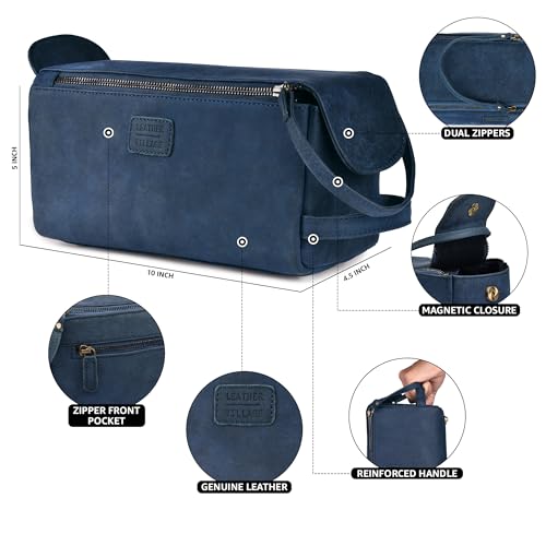 LEATHER VILLAGE Genuine Leather Travel Toiletry Bag - Water-Resistant Dopp Kit for Toiletries, Large Shaving Bag & Bathroom Organizer - Gift for Men & Women - Royal Blue - color: Royal Blue
