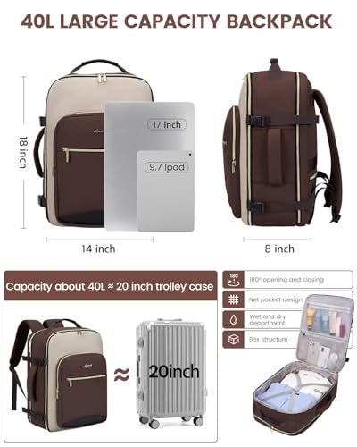 LOVEVOOK 40L Travel Backpack for Women & Men, Airline Approved Carry On Luggage with 3 Packing Cubes, TSA Overnight Bags, Waterproof Personal Item Bag, Weekender Essentials Backpacks fits 17" Laptop - color: Coffee-beige-black, size: Large