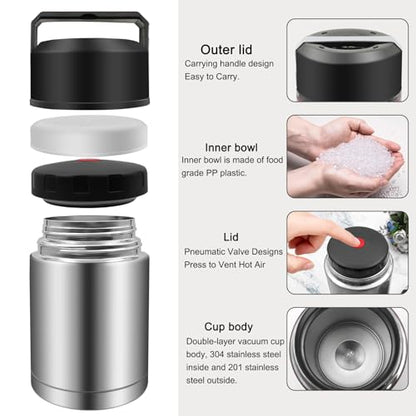 35oz Soup Thermos, Stainless Steel Thermos for Hot Food, Wide Mouth Food Thermos Jar, Insulated Lunch Container Leak Proof Vacuum Thermal Flask (silver-35oz) - color: silver-35oz