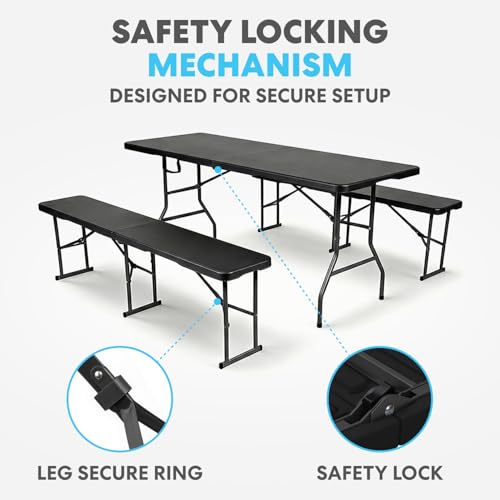 Simpli-Magic 6 Foot Folding Picnic Table Set with 2 Benches Portable Indoor Outdoor Camping Table for Working Meeting Party Picnic Weddings with Handle and Safety Locks Black - size: 6 feet Table Set