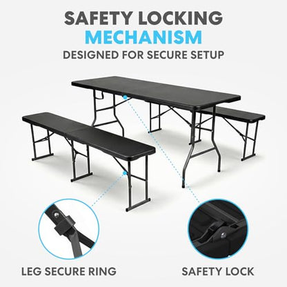 Simpli-Magic 6 Foot Folding Picnic Table Set with 2 Benches Portable Indoor Outdoor Camping Table for Working Meeting Party Picnic Weddings with Handle and Safety Locks Black - size: 6 feet Table Set