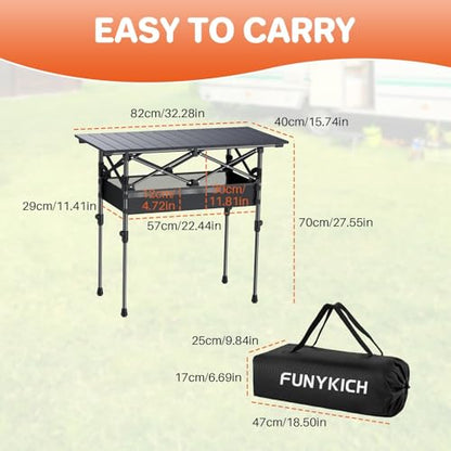 FUNYKICH Folding Camping Table(L32.3''xW15.7''), Aluminum Roll-up Portable Picnic Table with 2 Adjustable Height, Large Storage and Carrying Bag for Picnic, Camping, BBQ, Party, Backyard, Beach - size: 32.3''L x 15.7''W x (17.3''/27.6'')H