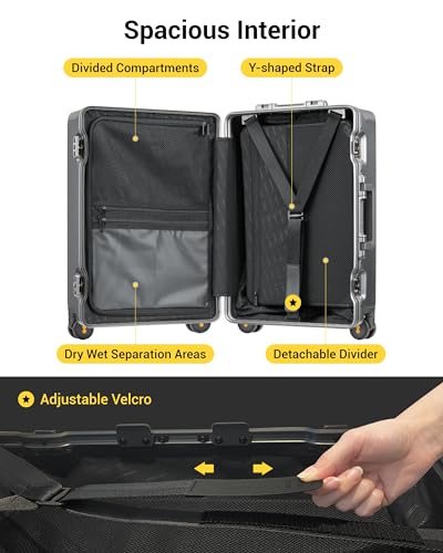 LEVEL8 Zipperless Carry On Luggage Airline Approved with Aluminum Frame, Hard Shell Suitcase with Spinner Wheels, Metal Checked Luggage, 20 Inch, Grey - color: Grey, size: Carry-On 20 Inch (With 6PC Organizers)
