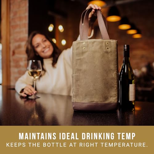 PICNIC TIME 2 and 3 Bottle Insulated Wine Bag, Distressed Waxed Canvas Wine Tote, Durable Bottle Carrier Bag for Gifts and Travel with Side Pockets & Removable Divider (Khaki Green with Brown Accents) - style: 2 Bottle Insulated Wine Bag