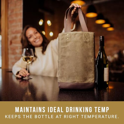 PICNIC TIME 2 and 3 Bottle Insulated Wine Bag, Distressed Waxed Canvas Wine Tote, Durable Bottle Carrier Bag for Gifts and Travel with Side Pockets & Removable Divider (Khaki Green with Brown Accents) - style: 2 Bottle Insulated Wine Bag