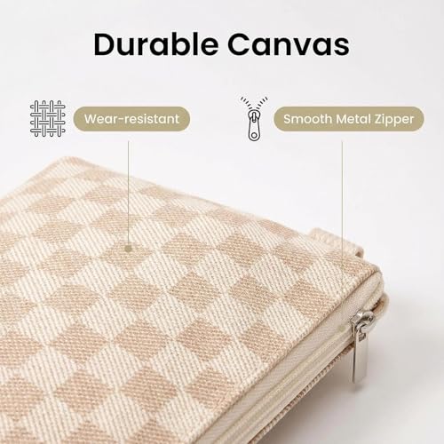 3 Pcs Canvas Makeup Bag Set Checkered Cosmetic Pouch for Women Travel Toiletry Bag Cute Makeup Organizer Purse Pouch Preppy Pencil Case with Zipper (Checkered Khaki) - color: Checkered Khaki
