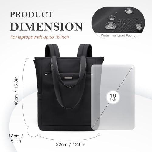 Convertible Laptop Backpack for Women Men Carry on Tote Backpack Teacher Bookbag for College Work Nurse Travel Leisure,16 Inch,Black - color: Black