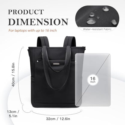 Convertible Laptop Backpack for Women Men Carry on Tote Backpack Teacher Bookbag for College Work Nurse Travel Leisure,16 Inch,Black - color: Black