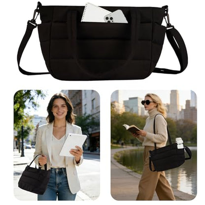 Lunch Bag Women Puffy Quilted Tote Bag Stylish Insulated Lunch Tote Bag with Large Capacity and Shoulder Strap Portable Lunch Cooler Bags for Women, Work Office, Travel, Picnic, Meal Prep - color: Black