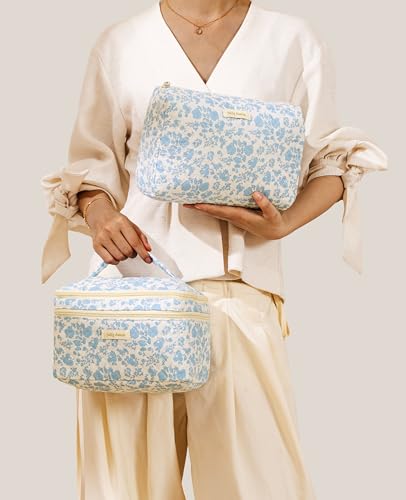 HBselect 2Pcs Travel Makeup Bag, Large Cotton Quilted Makeup Bag Cosmetic Bag Cute Make up Bag Toiletry Bags for Women Girls - color: 2PCS-FLOWER1