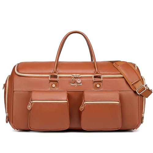 Suit Bag,Vessgra 56L Garment Bags for Travel,2 in 1 Leather Duffle Bags for Men Women, PU Leather Convertible Travel Bag with Shoe Compartment,Work Weekender Bussiness Wedding,Reddish Brown - color: Reddish Brown