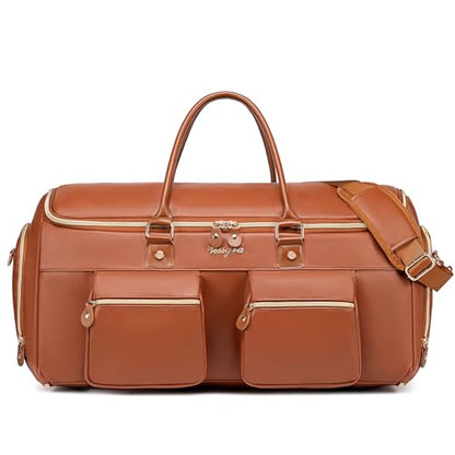 Suit Bag,Vessgra 56L Garment Bags for Travel,2 in 1 Leather Duffle Bags for Men Women, PU Leather Convertible Travel Bag with Shoe Compartment,Work Weekender Bussiness Wedding,Reddish Brown - color: Reddish Brown
