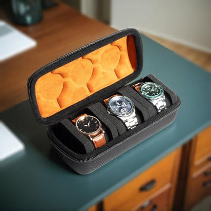 3 slots watch case for travel and storage, hard Watch Roll Organizer holder for Men and Women with microfiber lining - size: 3 slots