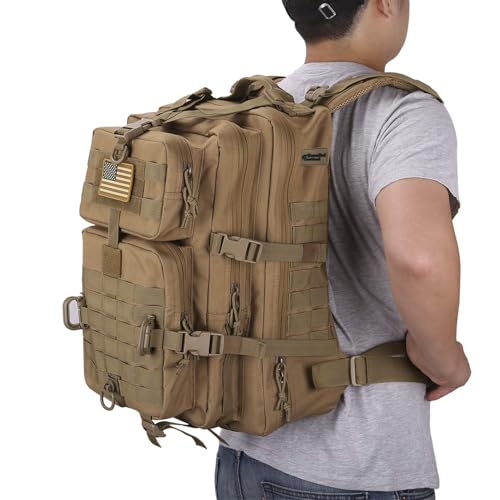 Hannibal Tactical MOLLE Assault Pack, Tactical Backpack Military Army Camping Rucksack, 3-Day Pack Trip w/USA Flag Patch, D-Rings, Coyote - color: Coyote
