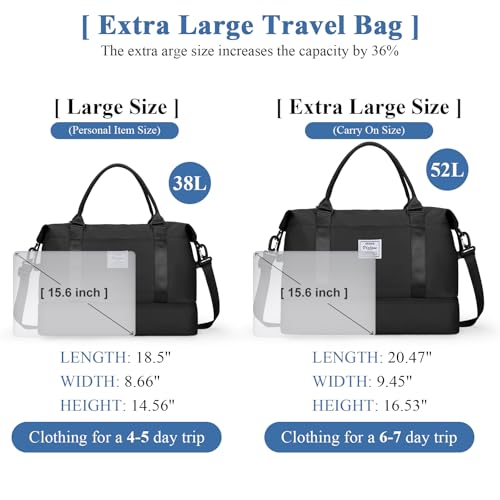 Travel Duffel Bag with Shoes Compartment, Overnight Weekender Bags for Women,Carry on Personal Item Bag，Extra Large - color: A-Black, size: Extra Large