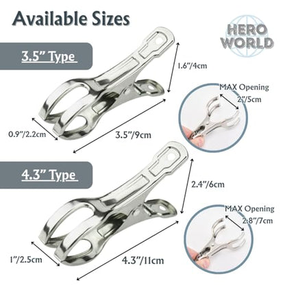 Stainless Steel Windproof Laundry Clips – Heavy-Duty Clothes Pins Rust-Resistant Twin-Prong Towel & Bath Towel Clips (12, 3.5") - size: 3.5"
