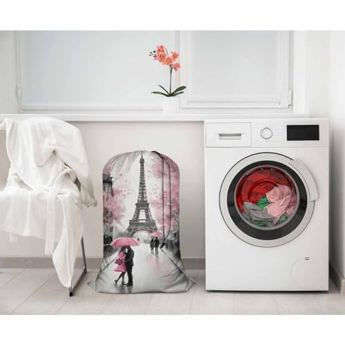 Swono Paris Heavy Duty Laundry Drawstring Bag with Strap, European City Landscape Eiffel Tower 28 x 40 Inches Travel Dirty Clothes Bag for Laundromat and Household, Oil Painting - color: Paris