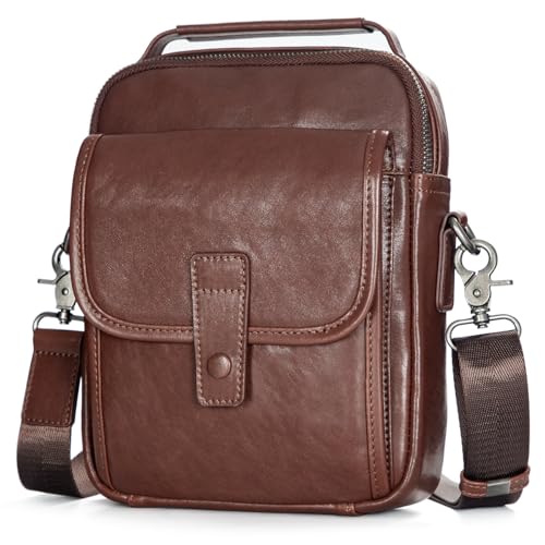 Augus Leather Small Messenger Bag For Men Crossbody Handbag Shoulder Sling Travel Bags for Men Purse Daypack Magnetic Buckle - color: Dark Brown-1