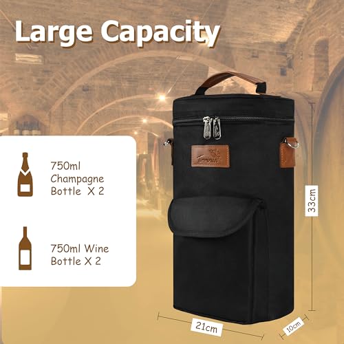 Tirrinia 2 Bottle Wine Gift Tote Carrier - Leakproof & Insulated with Large Pockets Wine Cooler Bag for Travel, Tasting, Party, Dinner - color: Black, size: 2 Bottle-with front pocket