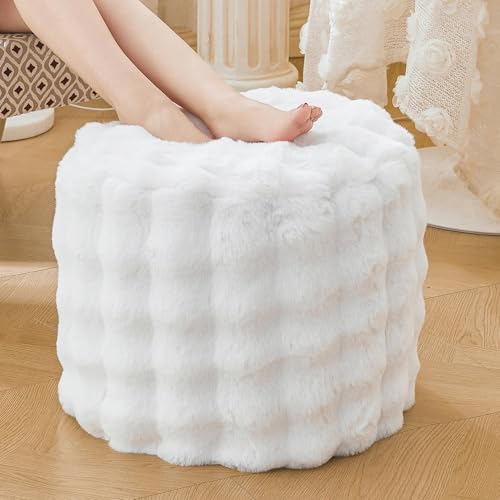 LIFEREVO Luxury Faux Rabbit Fur Round Inflatable Pouf Ottoman, 20 X 16 Fluffy Plush Waffle Bubble Floor Poufs Foot Stool Rest Anti-Slip Furry Foldable Ottoman Seat for Home Decor Kids Adults, White - color: White