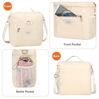 Voova Lunch Bag for Women, Insulated Lunch Box with Shoulder Strap, Adult Reusable Lightweight Nylon Waterproof Lunchbox Lunch bags for Work, Beige - color: Beige