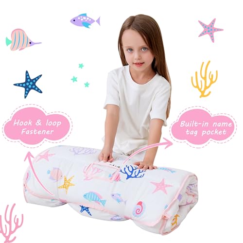 Lasoftan Toddler Nap Mat with Pillow and Blanket, Extra Large Rolled Napping Mats,Slumber Bags for Boys Girls,Kids Sleeping Bag for Daycare, Preschool Travel Camping - color: White Mermaid