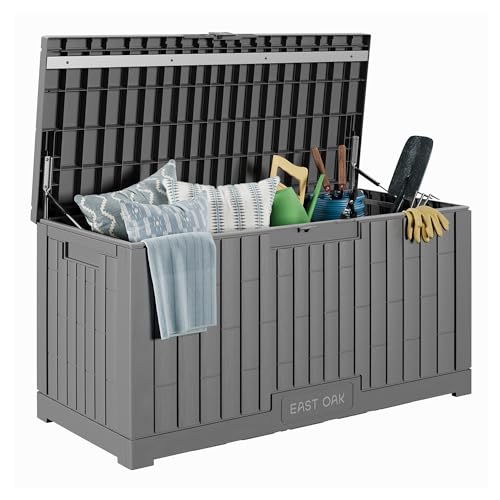 EAST OAK Outdoor Storage Box, 100 Gallon Deck Box, Waterproof Resin Storage Bench for Patio Cushions, Gardening Tools, Pool Toys, Lockable, UV Resistant, Grey - color: Grey, size: 100 Gallon
