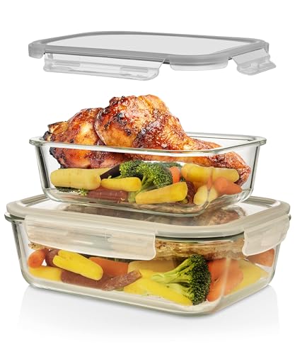 Razab 4 Pc (2700ML/ 91 Oz & 1520ML/ 51 Oz) Airtight Large Glass Food Storage Containers with Lids - BPA Free, Leak Proof Meal Prep Containers (2 Containers + 2 Lids) Microwave, Oven & Freezer Safe