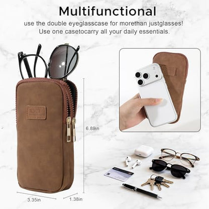 KINIVA Double Eyeglass Case for Men Women, 2-in-1 PU Dual Sunglasses Case, Scratch-Proof Travel Eyeglass Holder for Purse Car - style: Brown Matte