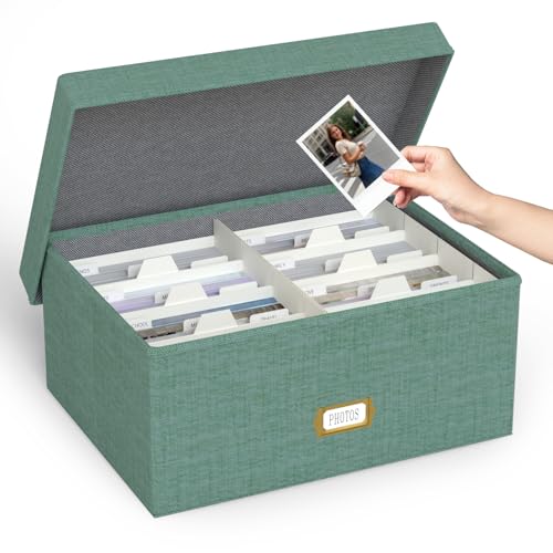 Decorative Photo Storage Box - Linen Photo Box Organizer with Dividers, Fits Holds Up to 1700 Pictures and 5x7 Photos, Memory Keepsake Organizer for Photos, Scrapbook Supplies, Cards, Stamps (Green) - color: Green, size: 5x7 (1 Pack)