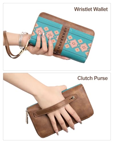 BOSTANTEN Wallets for Women Leather RFID Double Zipper Around Credit Card Holder Large Capacity Wristlet Clutch Wallet - color: Green＆brown Floral
