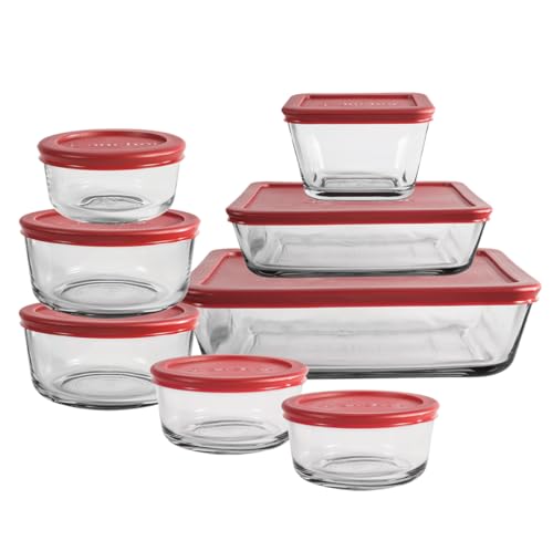 Anchor Hocking 16 Piece Glass Storage Containers with Lids (8 Glass Food Storage Containers & 8 Red SnugFit Lids) - color: Red, size: 16 Piece Set