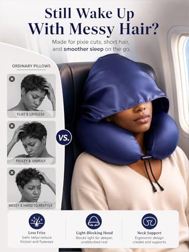 Satin Neck Pillow with Hood Pixie Pillows for Short Hair Sleep Travel Airplane Memory Foam Long Flight Plane Essentials Pink - color: Pink