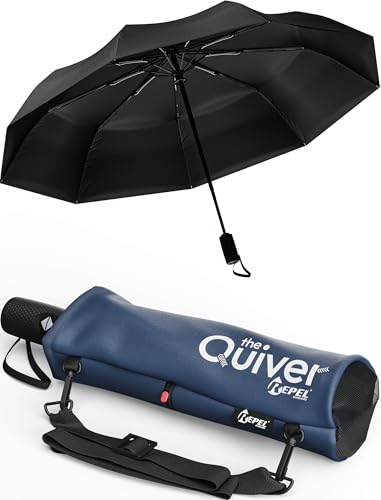Repel Windproof Travel Umbrella - Compact & Withstands Winds up to 100MPH , Strongest Premium Auto Folding Umbrella for Rain and Sun - Durable, Light & Portable for Women & Men , Fits Backpack & Cars - color: Black Umbrella + Navy Blue Carrying Sling