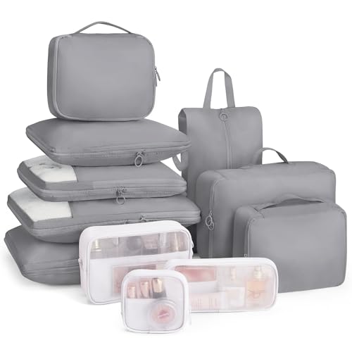 Compression Packing Cubes 11pc Set, Expandable Travel Organizers for Suitcases & Carry Ons, Durable Luggage Packing Bags for Travel Essentials Gray - color: Gray