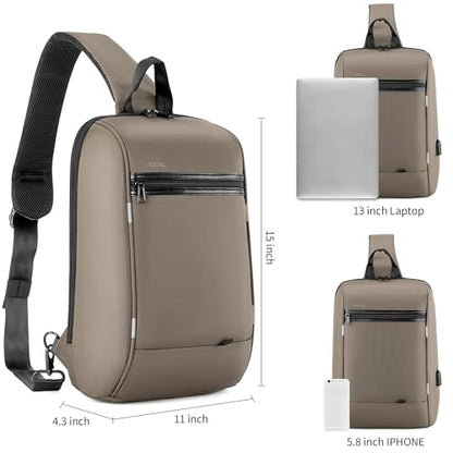 Kingsons 13" Anti-Theft Laptop Sling Backpack. Waterproof nylon, USB port. Ideal for travel, hiking, camping. (FG6301-Khaki) - color: Fg6301-khaki