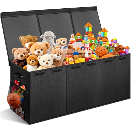 Extra Large Toy Box with Lids - Sturdy Collapsible Kids Storage Organizer Big Bin Chest Basket with Dividers for Boys Girls, Bedroom, Nursery, Living Room, Playroom Organization, 38"x16"x14", Black - color: Black