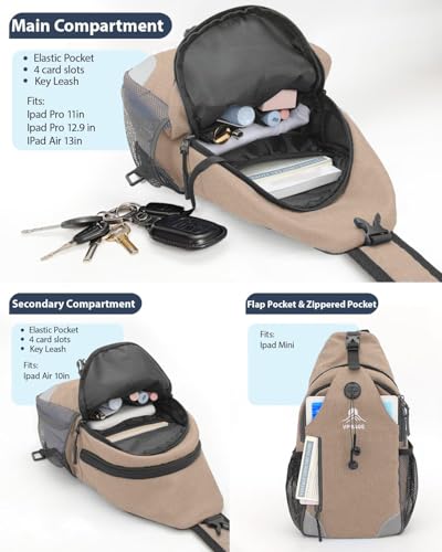 Sling Backpack for Women & Men, Crossbody Travel Bag with Water Bottle Holders, 17 Pockets, Quick-Access Phone Pocket, Hidden Security Pocket, Fits 11" Tablet, for Daily Carry, Travel, Theme Parks - color: K-desert