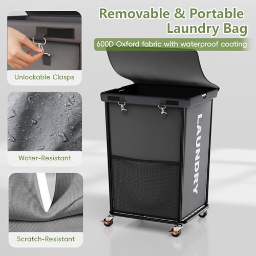 150L Laundry Basket with Wheels, Rolling Laundry Hamper with Cloth Cover, Laundry Cart with Metal Frame & Removable Bag, Large Dirty Clothes Hampers for Bedroom Aesthetic, Laundry Room Bathroom, Grey - color: Grey, size: 150L