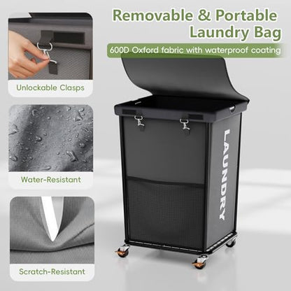 150L Laundry Basket with Wheels, Rolling Laundry Hamper with Cloth Cover, Laundry Cart with Metal Frame & Removable Bag, Large Dirty Clothes Hampers for Bedroom Aesthetic, Laundry Room Bathroom, Grey - color: Grey, size: 150L