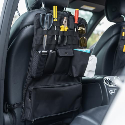 GMQ Car Seat Organizer,Multifunctional Tactical Car Seat Back Storage Pocket with Molle Pouch,Universal Fits for SUV,F150,Car Truck for Road Trips (1, Black)