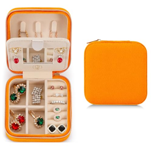 ZPROW Plush Velvet Travel Jewelry Case, Travel Jewelry Organizer, Jewelry Travel Case, Travel Jewelry Box, Small Jewelry Case, Jewelry Travel Box, Earring Organizer with Mirror - Orange - color: Velvet 1 Pack - Orange