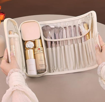 Travel Makeup Organizer, Foldable Roll-Up Cosmetic Storage Bag for Women (Beige) - color: Beige