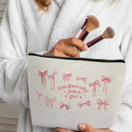 Coquette Pink Bow Makeup Bag, Preppy Bow Gifts Supplies Cosmetic Bags for Women, Girly Pink Makeup Pounch, Trendy Preppy Coquette I'm Literally Just a Girl Zipper Pouches for Purse - color: Preppy Bow