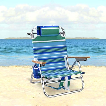 2 Pack Backpack Beach Chairs for Adults Capacity 300 LBS Low 5 Position Beach Chair with Pouch Straps Folding Lightweight Reclining Aluminum Wide Lay Flat Single - color: 10in Wood Green Stripe 2 Pack