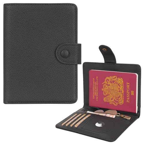 WASON Leather Passport Cover Wallet - Travel Passport Holder with RFID, Card Slots, Cash Pocket, Coin Purse, Tracker Slot, Boarding Pass and Ticket Organizer for Men and Women (Black) - color: Black